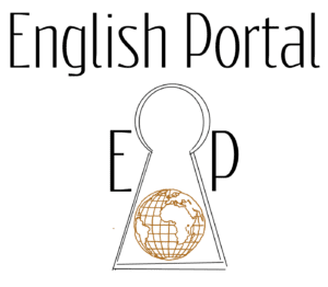 Globe inside keyhole outline represents English Portal, an online ESL school based in Austin, Texas where you can study English in private or group classes using video.